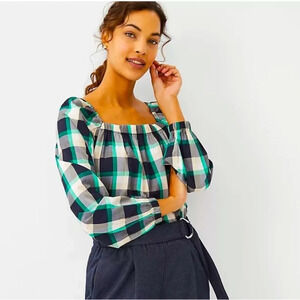 ANN TAYLOR Plaid Ruched Square Neck Top Size XS